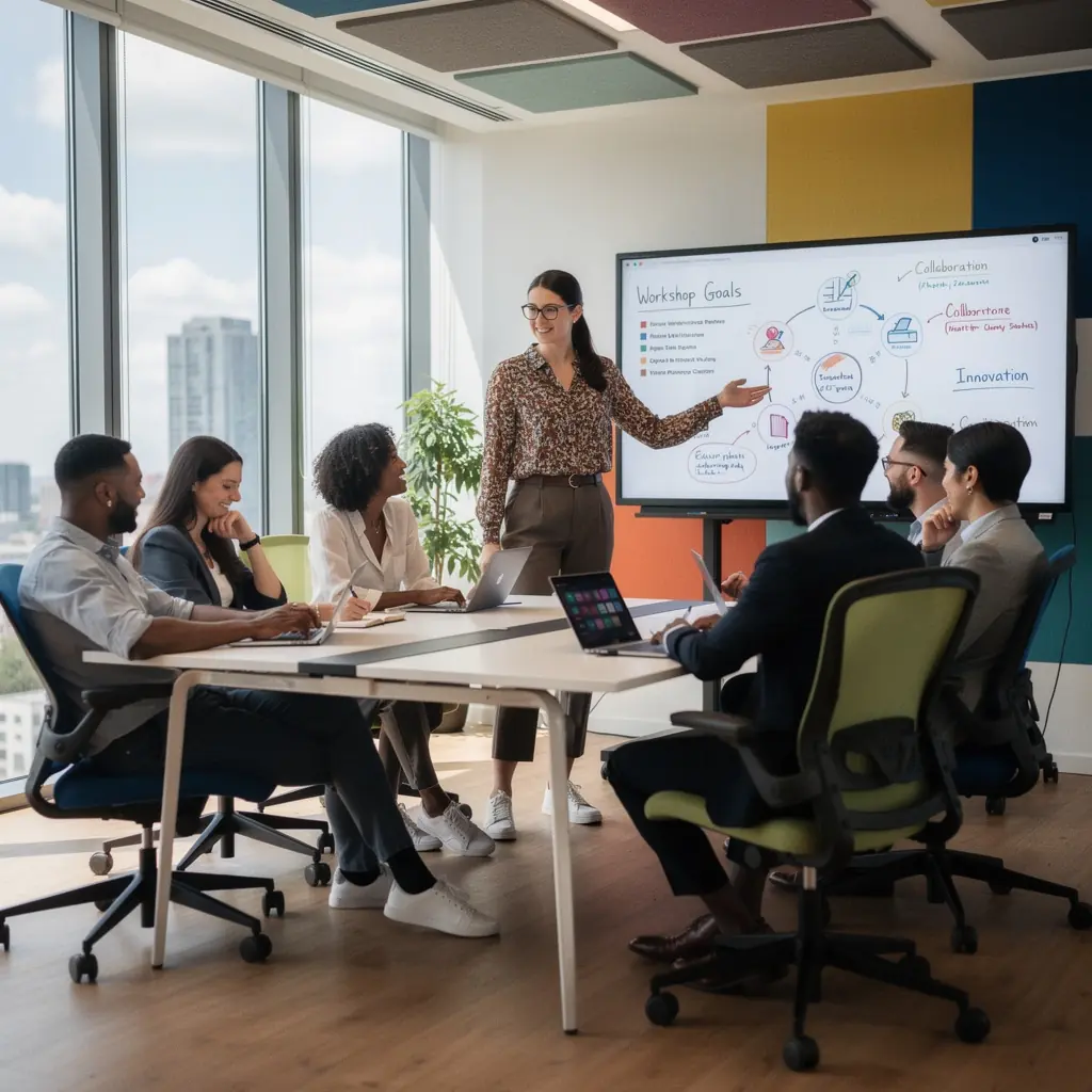 Зона для совместной работы с мягкими диванами и акустическими панелями.