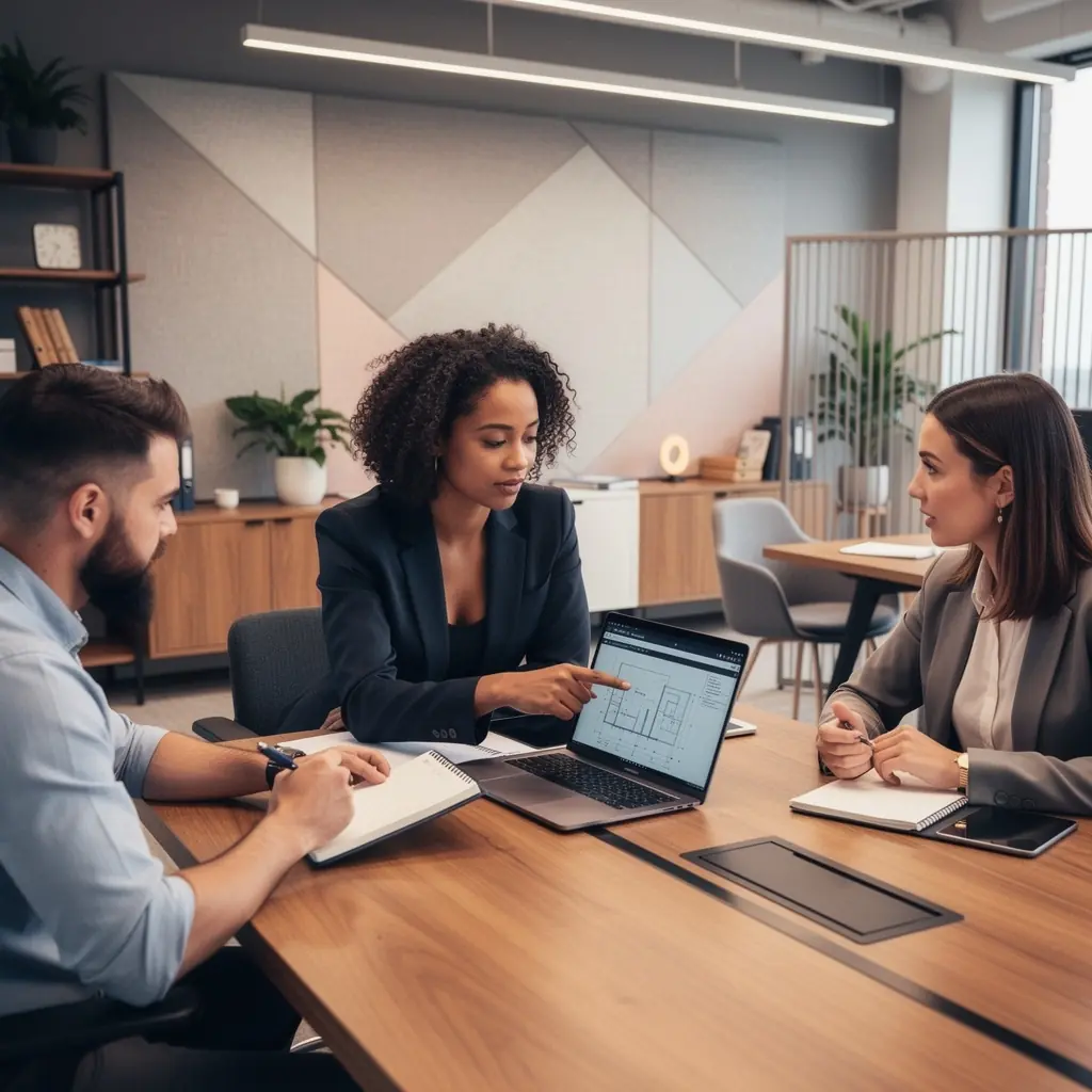 Рабочее пространство с эргономичной мебелью и элементами звукоизоляции.