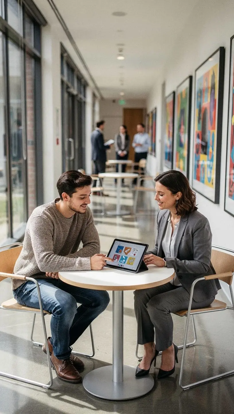 Офисная зона отдыха с комфортными креслами и акустическими решениями для уединения.