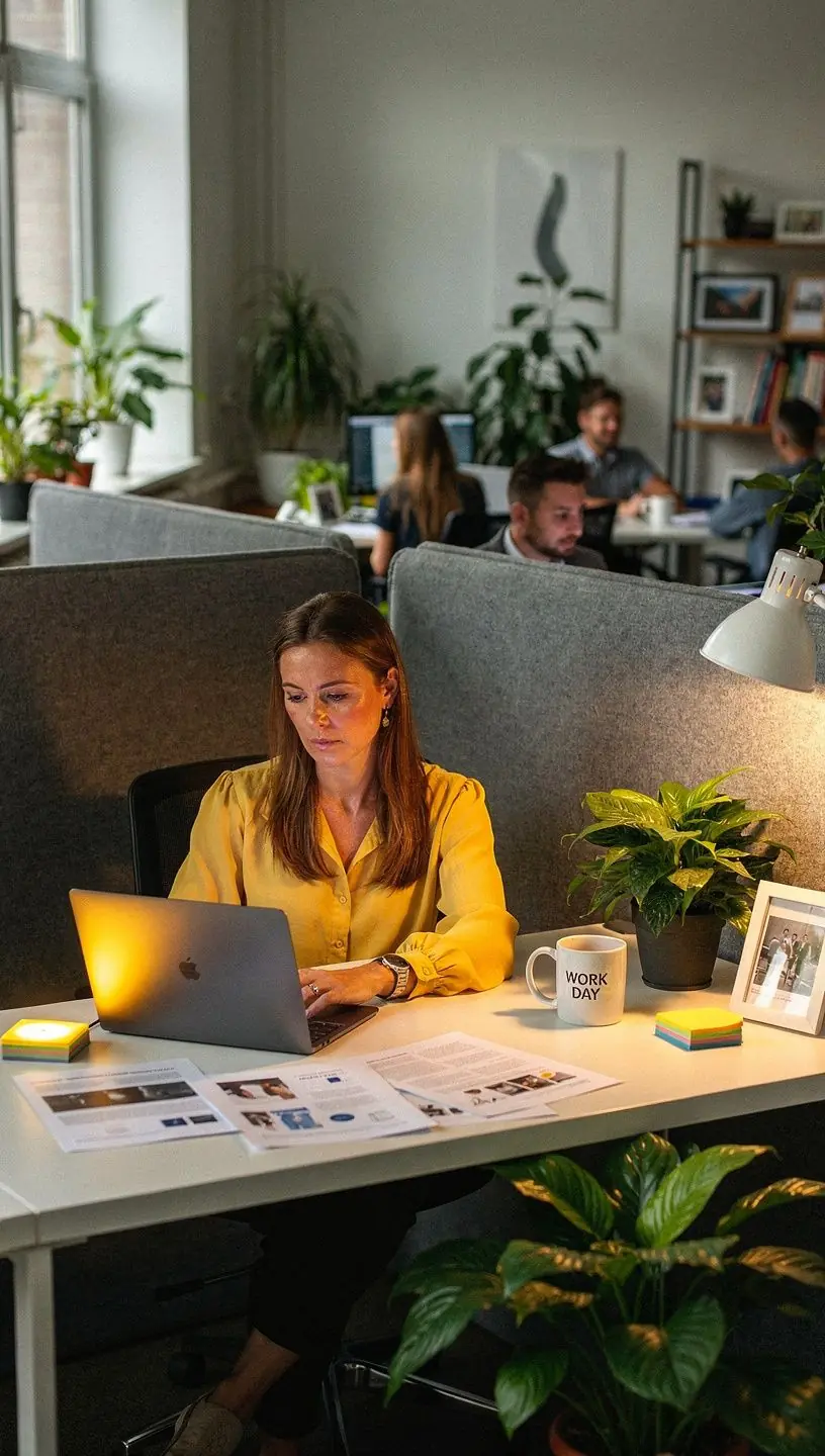 Современный офисный интерьер с зонами для продуктивной работы и акустическими решениями.